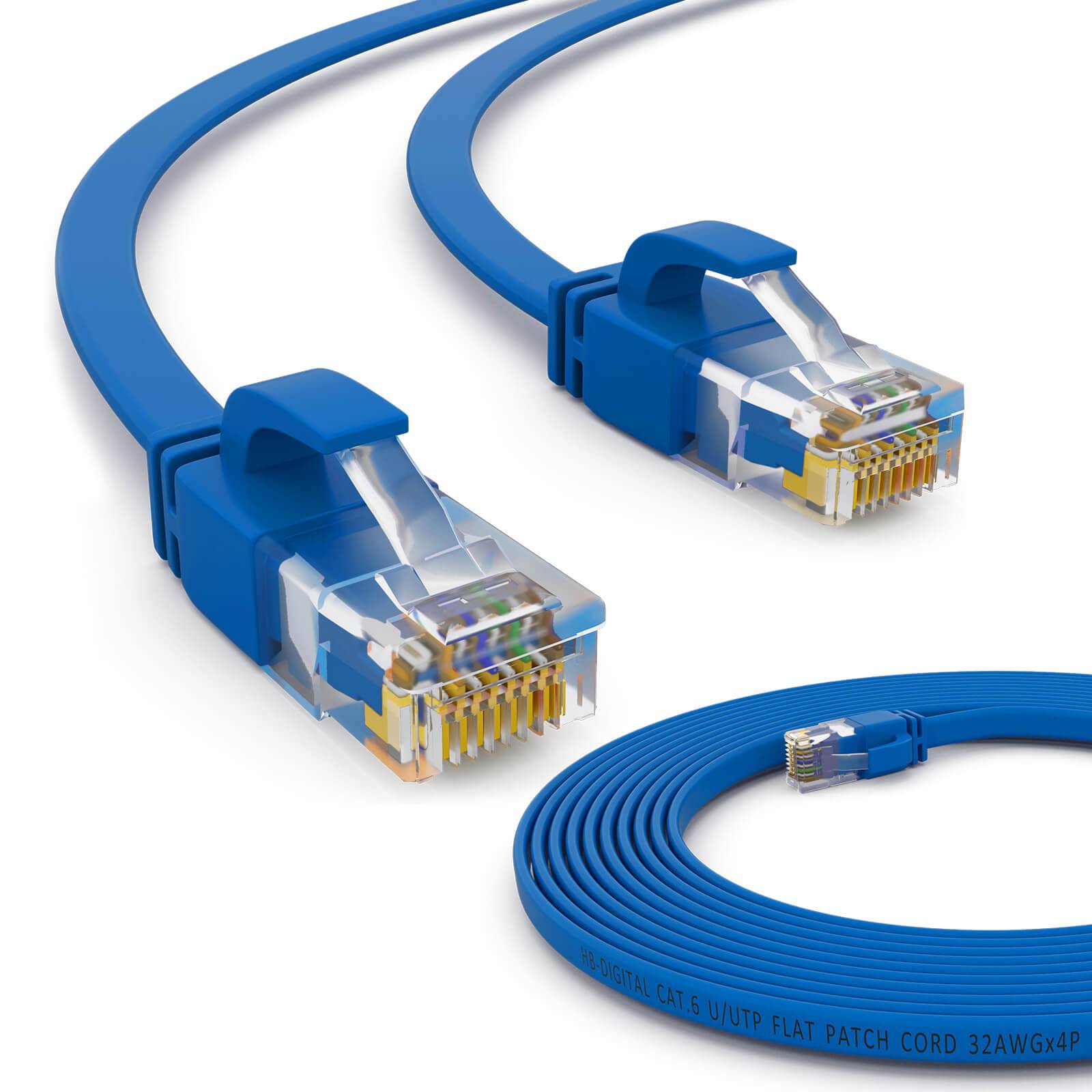 hb-digital 20m Patch Kabel CAT 6 Flachkabel bis zu 1000Mbit/s, U/UTP, PVC Mantel flach blau