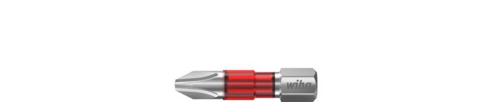 Ein rot und silberner Schraubendreheraufsatz mit Phillips-Kopf, horizontal auf weißem Hintergrund dargestellt.