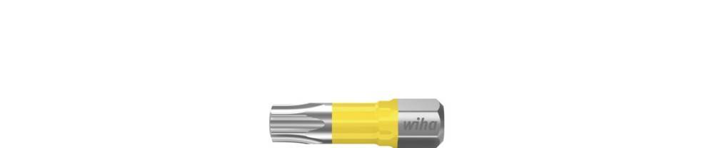 Kleiner Metallstecker oder Ferrule mit einem gelben Kunststoffband auf weißem Hintergrund