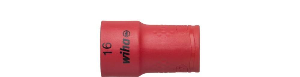 Rotes 16 mm Wihda-Steckwerkzeug, von der Seite vor weißem Hintergrund gezeigt.