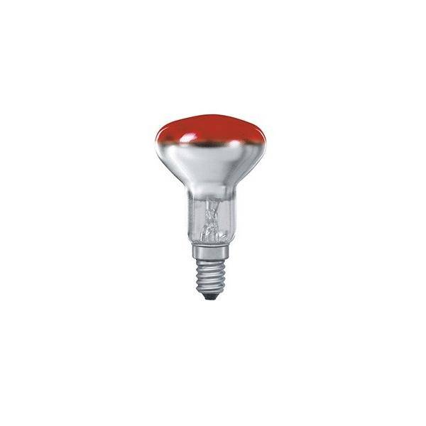 Eine halbtransparente, rotgefärbte Reflektorlampe mit Schraubsockel, die für gezielte Beleuchtung oder Wärmeanwendungen entwickelt wurde.