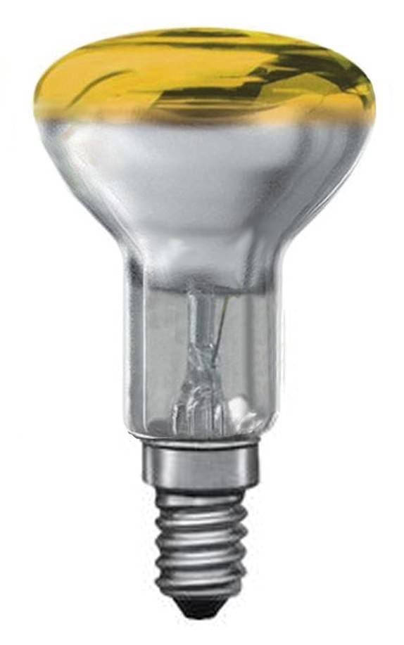 Eine Nahaufnahme einer metallischen, silbrig schimmernden Reflektorglühbirne mit einem standardmäßigen Schraubsockel vor einem schlichten Hintergrund.