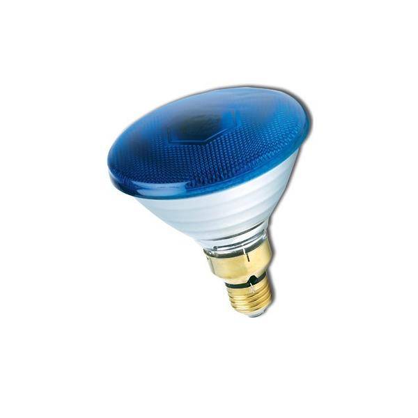 Eine blau getönte Glühbirne mit Schraubsockel, die für spezifische Beleuchtungs- oder Dekorationszwecke entwickelt wurde.