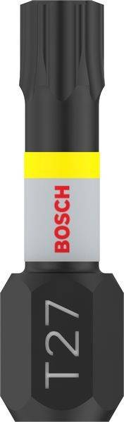 Das Wort 'BOSCH' in roten Buchstaben auf einem zylindrischen Objekt mit schwarzen Enden und einem gelben Band am oberen Rand.