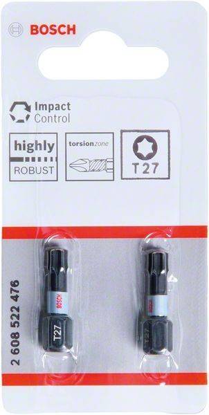 Verpackung von Bosch T27 Torx-Schraubendrehrbitsen, gekennzeichnet als 'Impact Control', mit dem Hinweis auf 'sehr robust' und 'Torsionszone'.