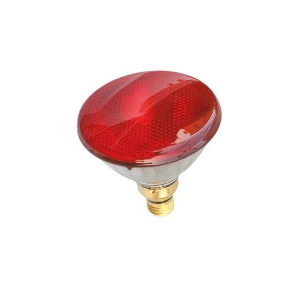 Eine rote Reflektorglühbirne mit Schraubsockel, die für Heiz- oder spezielle Beleuchtungsanwendungen verwendet wird.