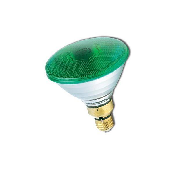 Eine grüne LED-Glühbirne mit einer Standard-Schraubfassung, von der Seite abgebildet. Die Birne hat eine strukturierte Oberfläche und wirkt unbenutzt.