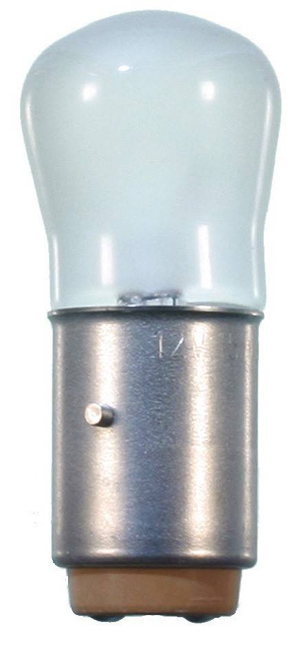 Nahaufnahme der Fassung einer Glühbirne und eines Teils des Glaskolbens. Die Metallfassung hat eine zylindrische Form mit einem kleinen Stift an der Seite.