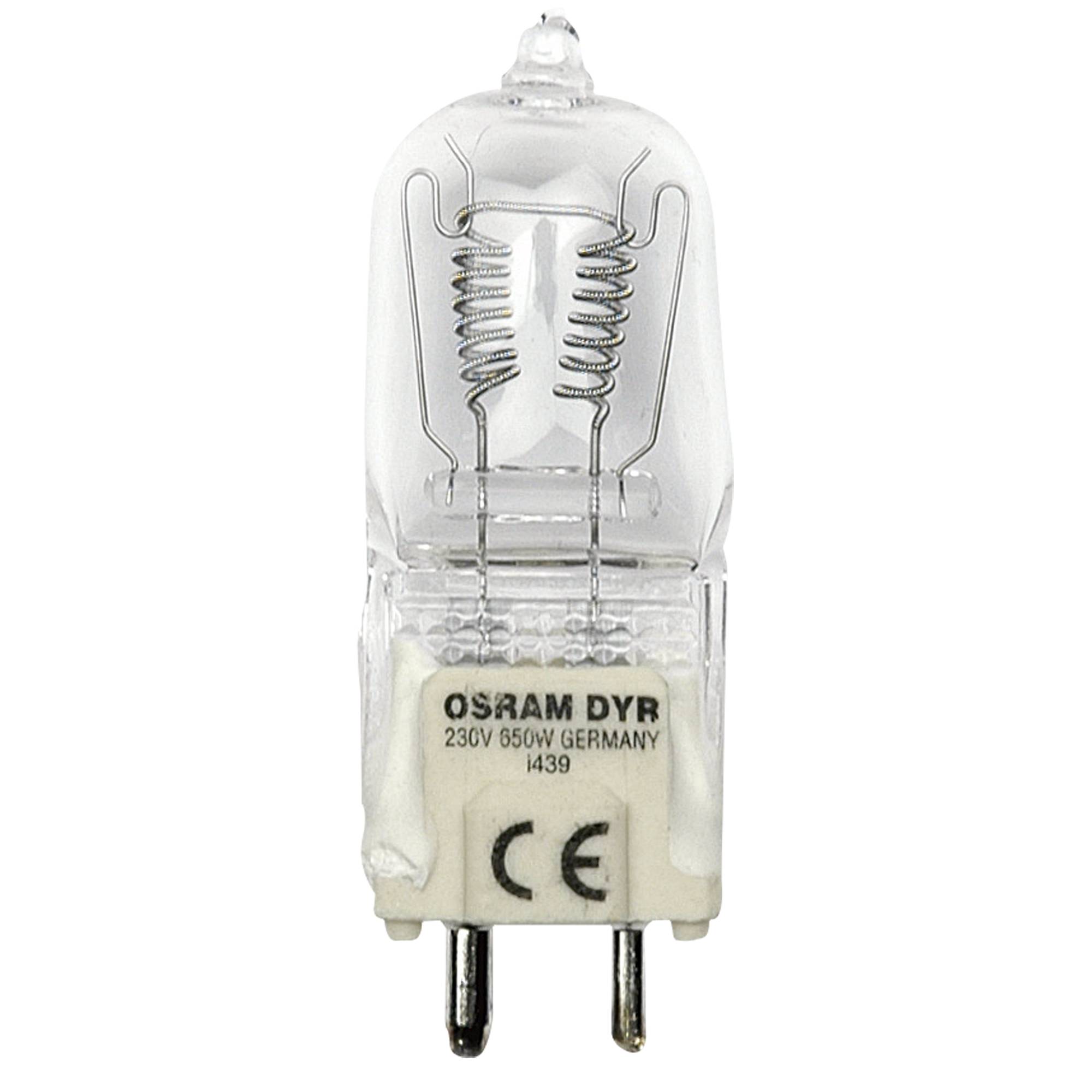Eine Halogenlampe mit 'OSRAM DYR 230V 650W GERMANY' und 'CE' auf ihr gedruckt; zwei Metallstifte an der Basis zur Verbindung.