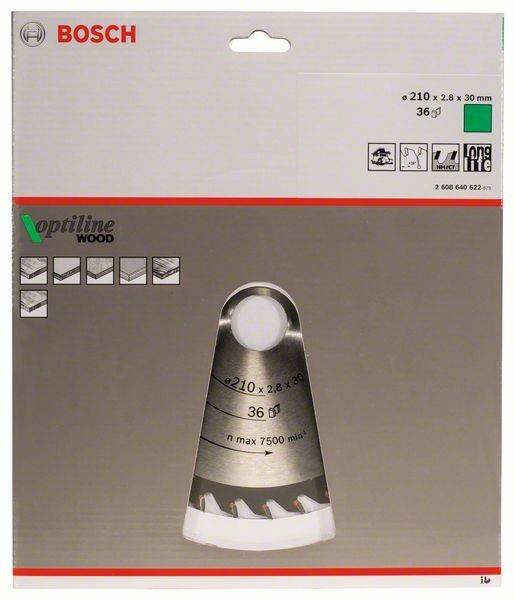 Kreissägeblatt-Verpackung für Holz; zeigt ein Sägeblatt-Bild mit Spezifikationen 'ø 210 x 2,8 x 30 mm, 36 Zähne'; Optiline Holz-Serie.