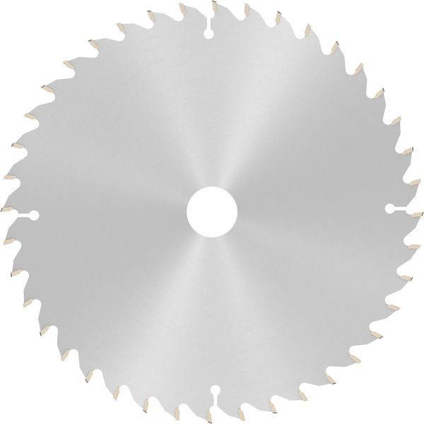 Eine kreisförmige Metallsägeblatt mit scharfen Zähnen, die gleichmäßig um den Rand verteilt und mit einem zentralen Loch versehen sind.