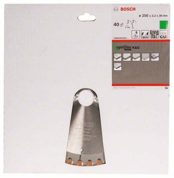 Sägeblatt-Verpackung für Holzschnitt, Bosch-Marke, Modell Optiline Wood, 250 mm Durchmesser, 40 Zähne. Bild zeigt Blattdesign und Logos.