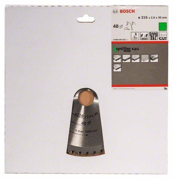 Kreissägeblatt-Verpackung mit Bosch-Marke, Modellnummer, Größe 216 x 2,0 x 30 mm, 48 Zähne und empfohlenen Einsatzbereichen.