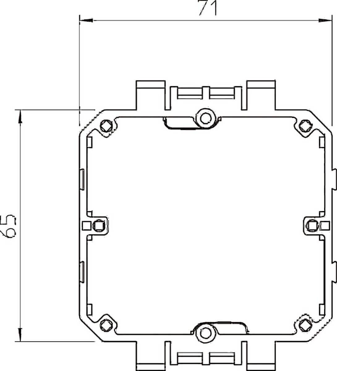 Eine technische Zeichnung einer quadratischen Elektro-Verteilerdose mit abgerundeten Ecken, Schraubenlöchern und Maßangaben an der Seite.