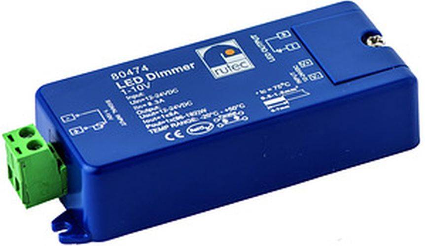 Eine blaue LED-Dimmer mit technischen Spezifikationen, einschließlich Modellnummer 80474, Eingangs-, Ausgangs- und Leistungsdetails, die auf seinem Gehäuse sichtbar sind.