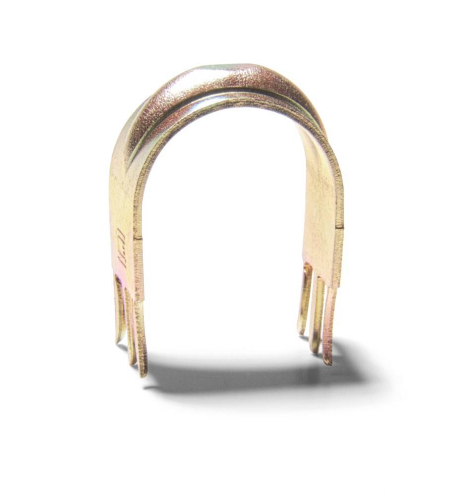 Eine glänzende, U-förmige Metallbrückenklammer mit Zinken, die häufig in elektrischen Anwendungen verwendet wird, um Leiterplattenklemmen zu verbinden oder zu überbrücken.