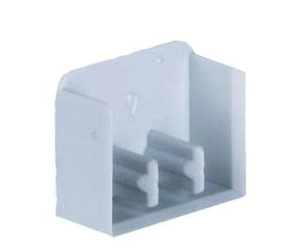 Eine kleine weiße Kunststoffhalterung, die zum Befestigen oder Abstützen von Objekten entwickelt wurde, mit einem hohlen Innenraum und zwei rückwärtigen Stützbalken.