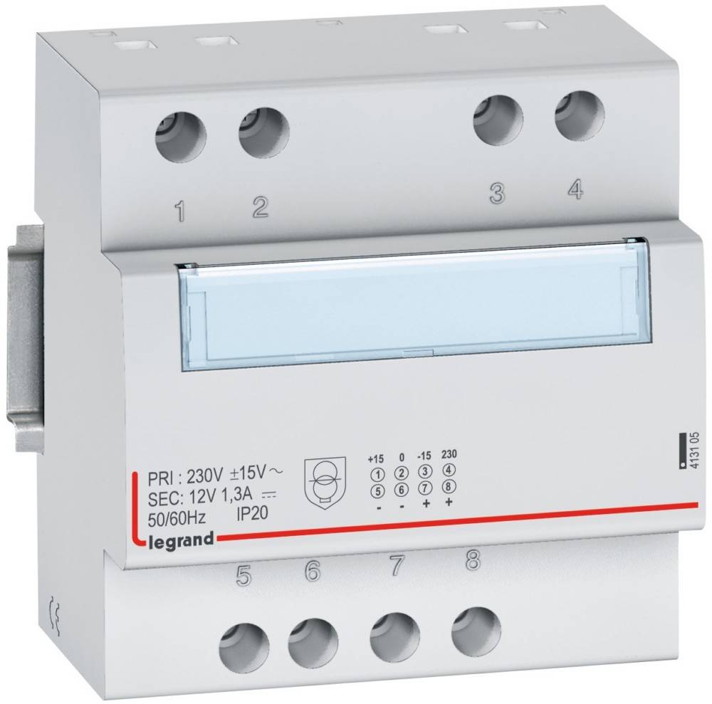 Legrand EMDX3 Elektrotransformator, 230V Eingang, 12V Ausgang, IP20 Schutzart, graues Gehäuse mit beschrifteten Anschlüssen.