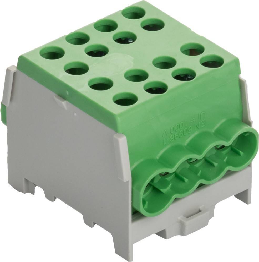 Ein grüner und grauer Kunststoff-Elektroklemmenblock mit mehreren Anschlussschlitzen, verwendet zum Sichern und Verbinden von Drähten in elektrischen Schaltkreisen.