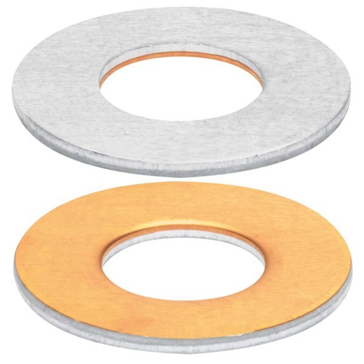 Zwei flache, runde Unterlegscheiben: eine silbern, eine kupfern. Jede hat ein zentrales Loch. Sie sind übereinander gestapelt und zeigen Unterschiede in Farbe und Material.