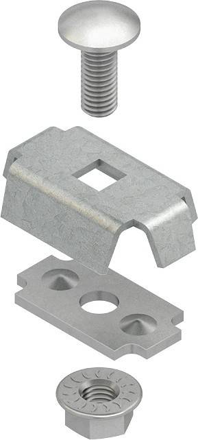 Eine metallische, rechteckige Montageklammer mit einem zentralen quadratischen Ausschnitt und zwei geneigten Kanten, auf einer grauen Oberfläche dargestellt.