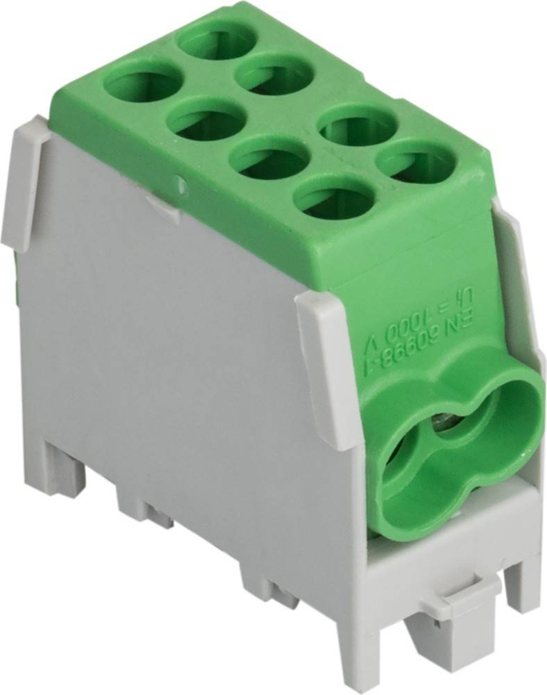 Grüner und grauer Elektro-Terminalblock mit sechs Anschlusspunkten zur Drahtbefestigung.