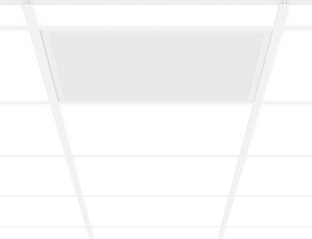 Eine weiße Rastdecke mit einem großen rechteckigen, eingelassenen Beleuchtungspanel in der Mitte, die einen modernen und minimalistischen Look bietet.