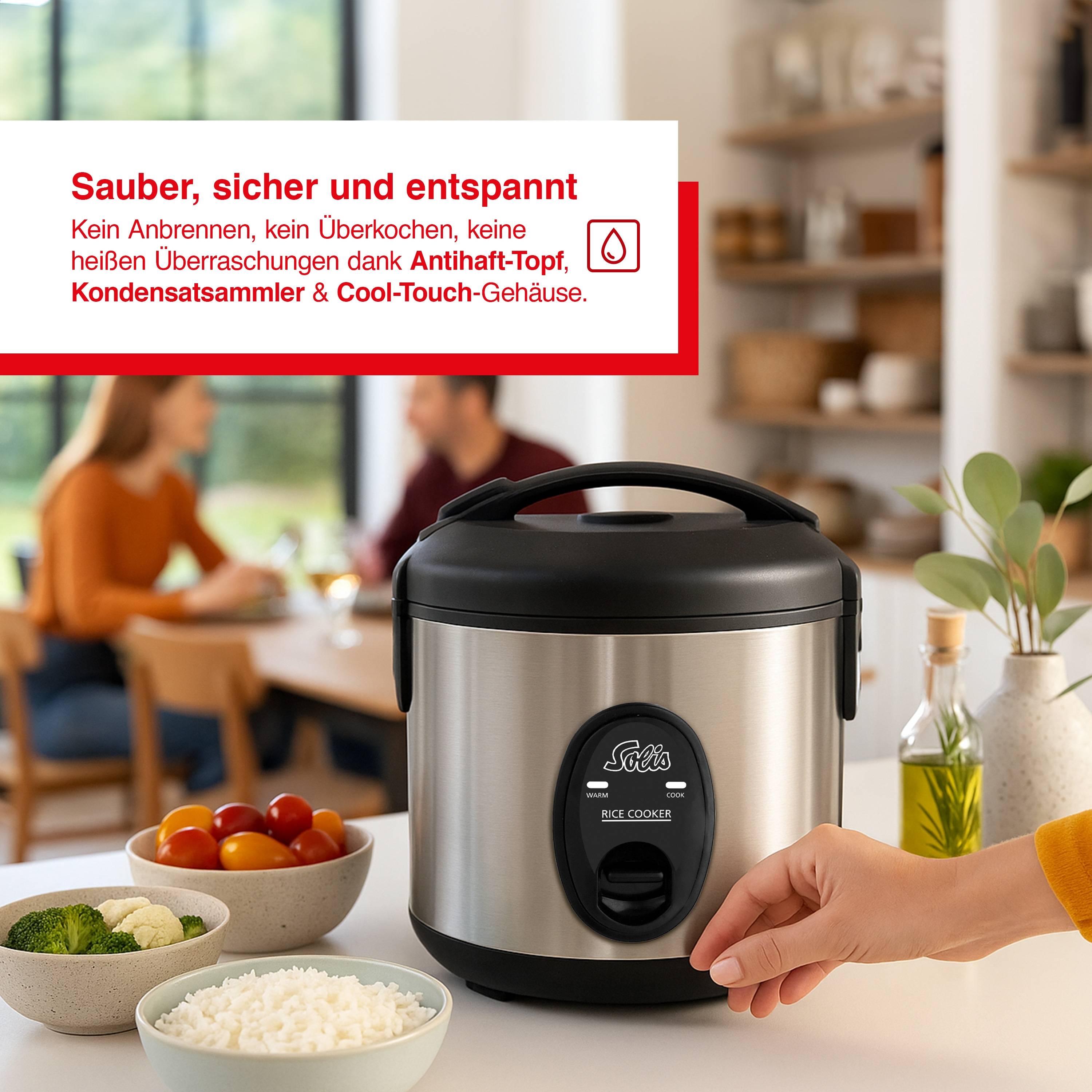 Solis Reiskocher, 370 W, 0,8 L Volumen, Warmhaltefunktion, Beschichtung