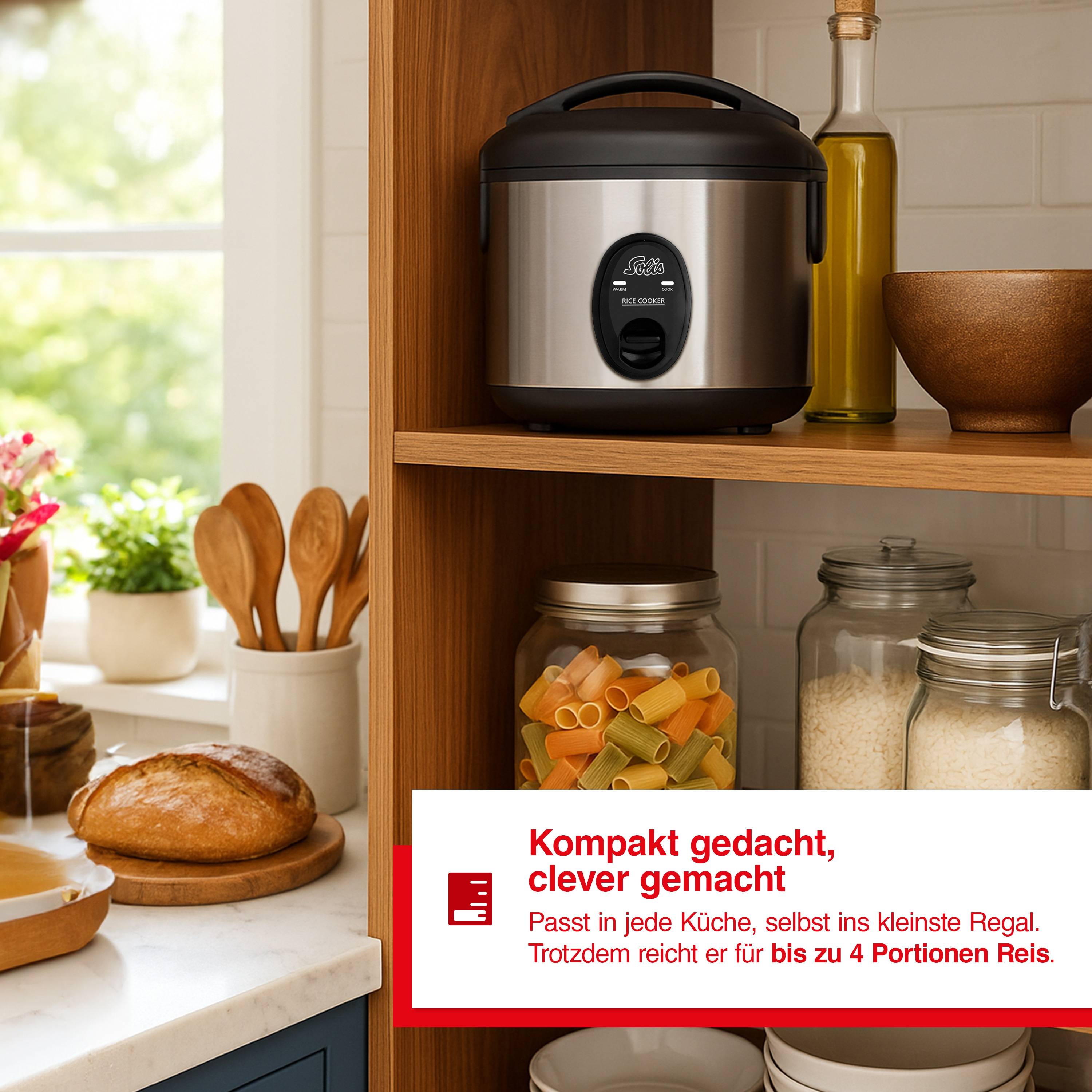 Solis Reiskocher, 370 W, 0,8 L Volumen, Warmhaltefunktion, Beschichtung
