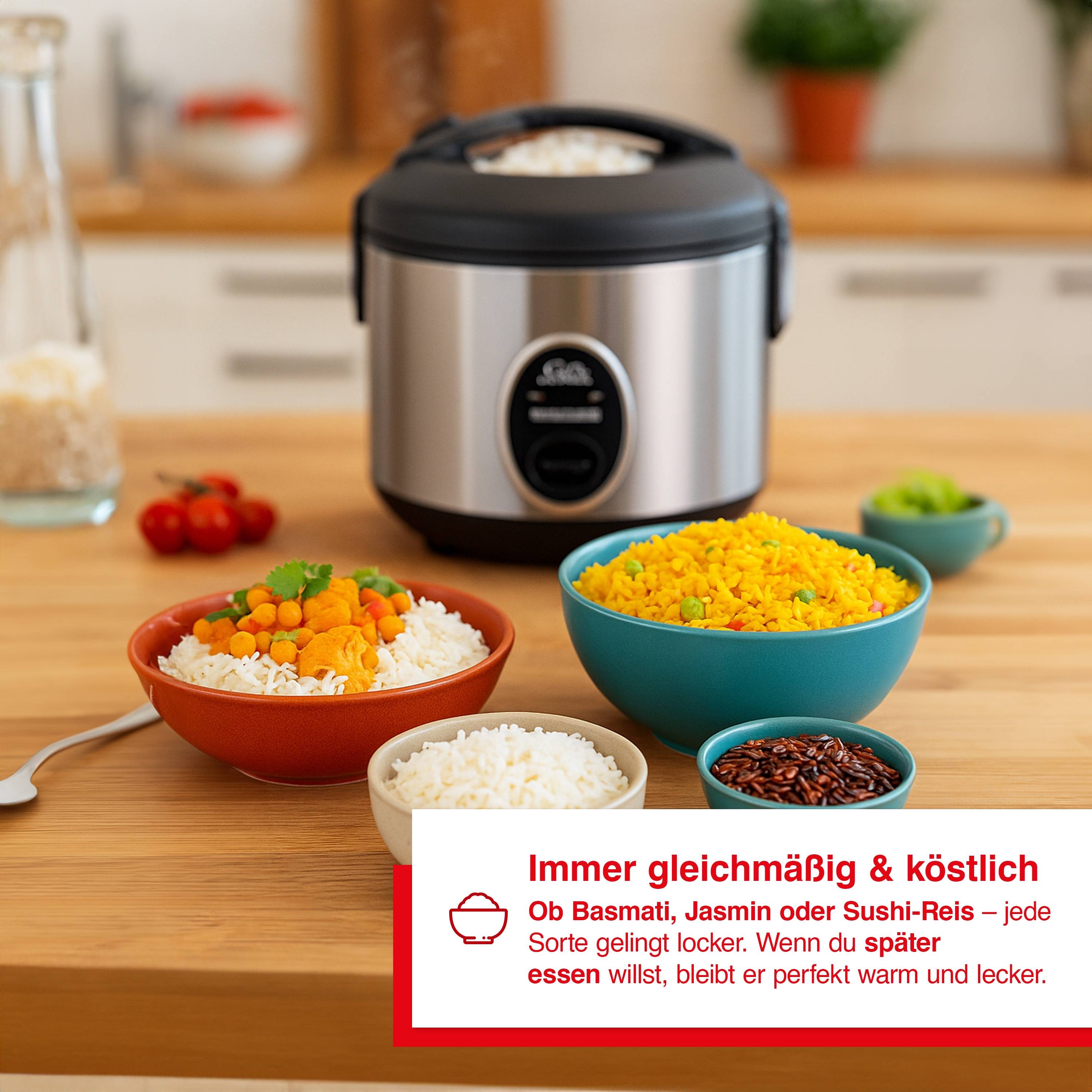 Solis Reiskocher, 370 W, 0,8 L Volumen, Warmhaltefunktion, Beschichtung