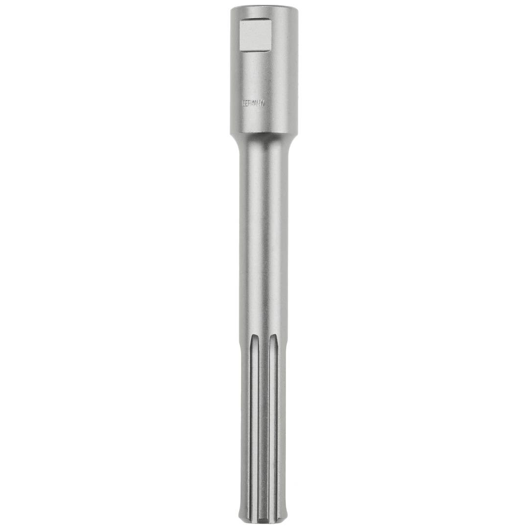 Silbermetall-Bohrer mit langem zylindrischem Schaft und geschlitztem Schneidende, dargestellt auf einfachem weißem Hintergrund.