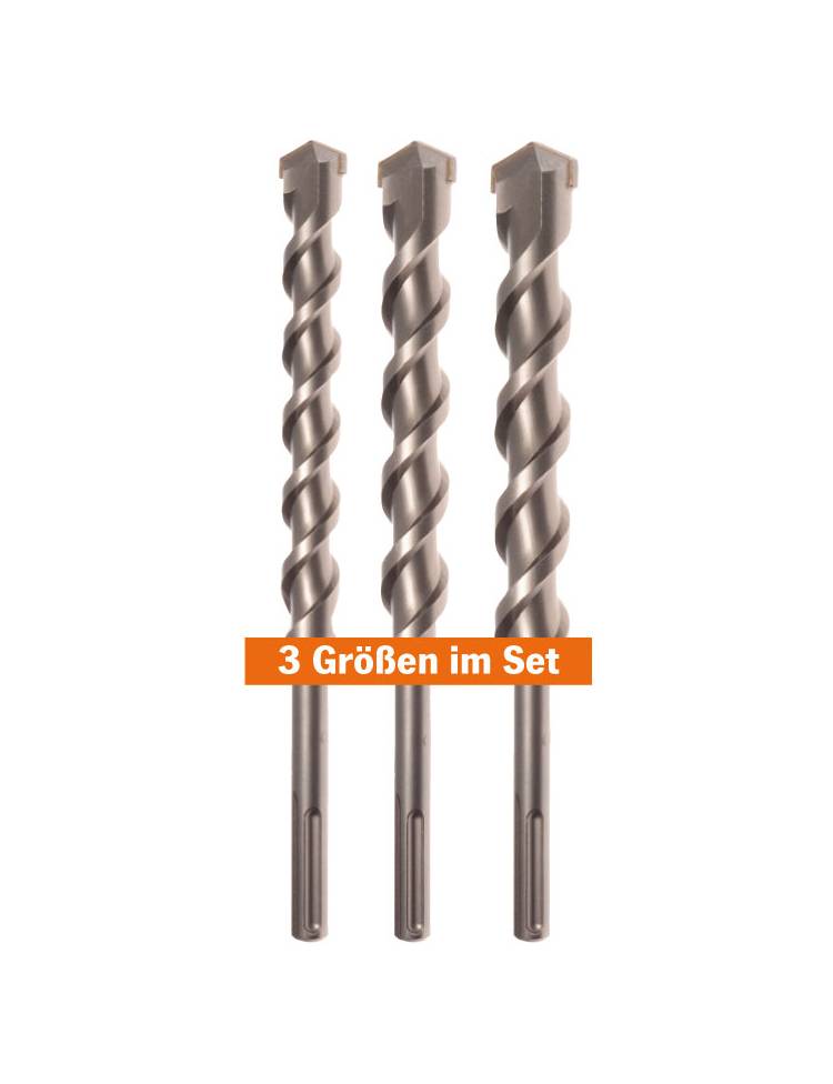 Drei Metallbohrer in unterschiedlichen Größen nebeneinander, gekennzeichnet mit „3 Größen im Set