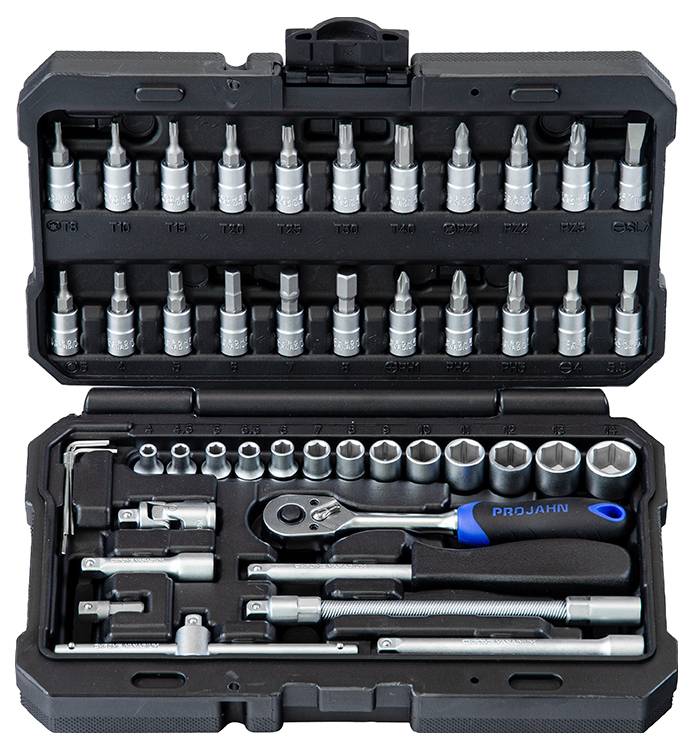 Ein offener Werkzeugsatzkasten, der verschiedene Steckbits, einen Ratschenschlüssel, Verlängerungsstäbe und mehrere Innensechskantschlüssel zeigt, die ordnungsgemäß organisiert sind.