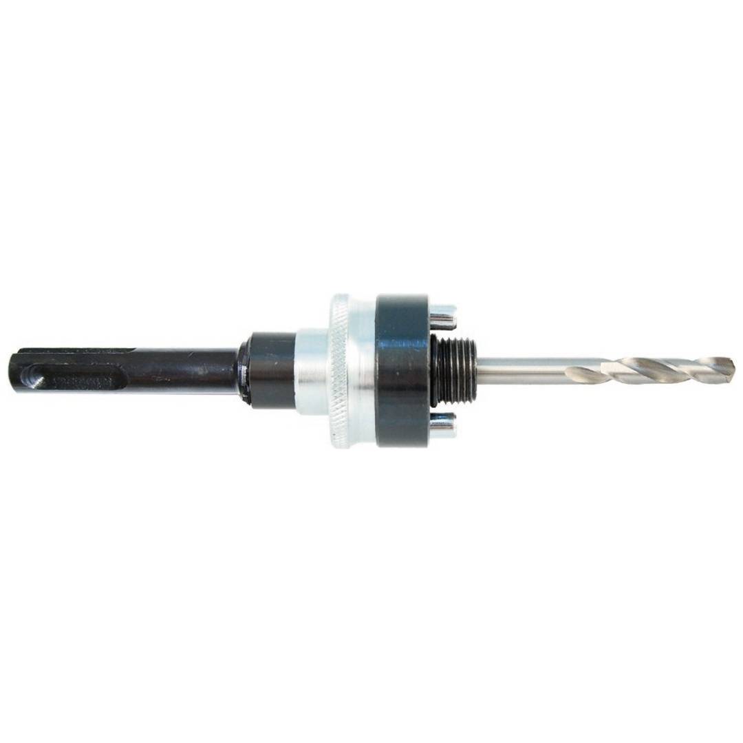 Bohrbitteradapter mit sechskantschaft auf der linken Seite und gefäderter Metallzange auf der rechten Seite, dargestellt auf weißem Hintergrund.
