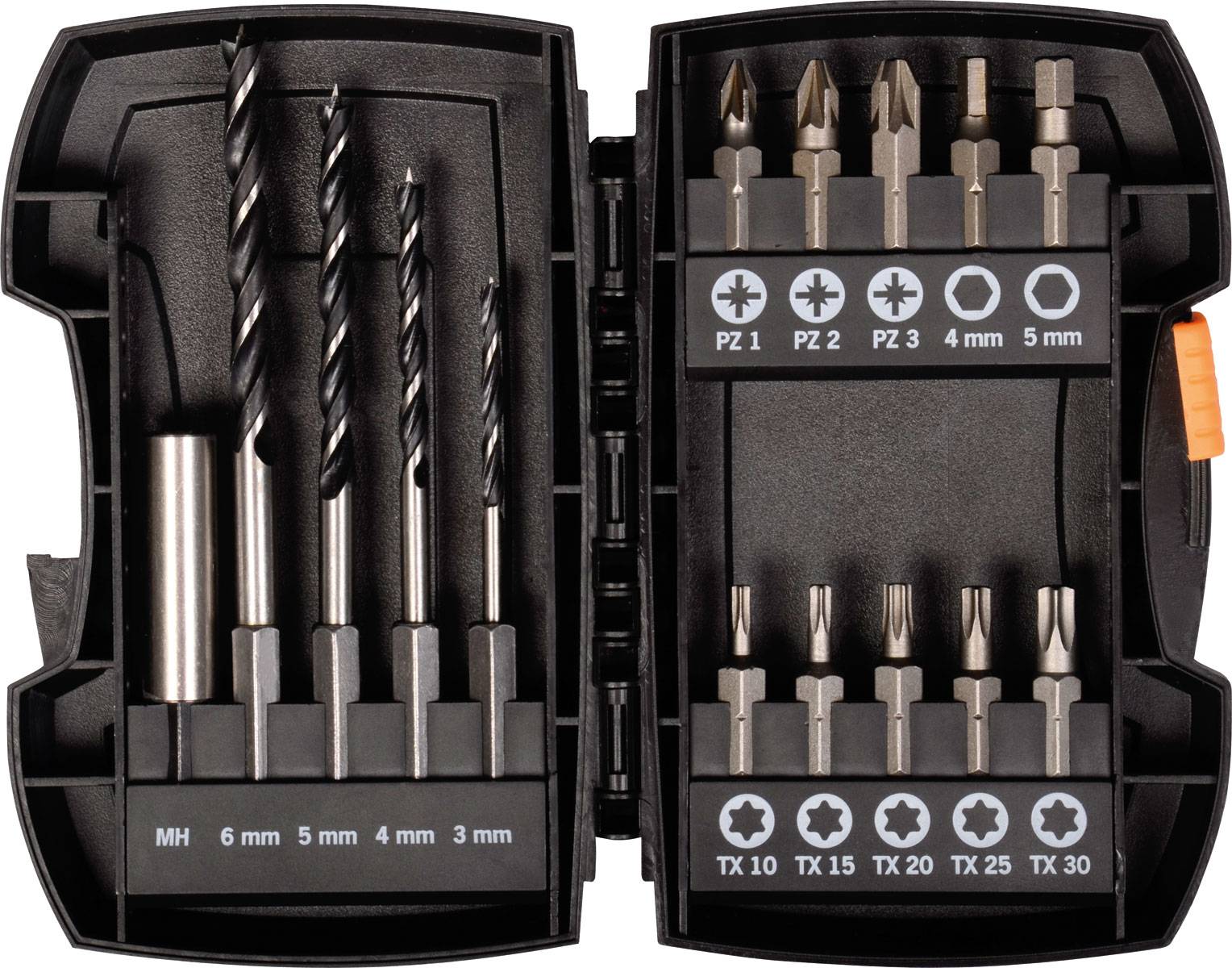 Projahn Bohrer Bit Box 15-tlg. Holzbohrer mit E 6.3 Schaft Ø 3, 4, 5, 6 mm Bits: PZ, TX