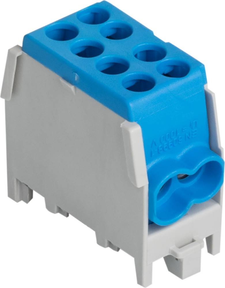 Ein blauer Terminalblock, in Nahaufnahme gezeigt, verfügt über acht Löcher für elektrische Verbindungen innerhalb eines schützenden weißen Gehäuses.