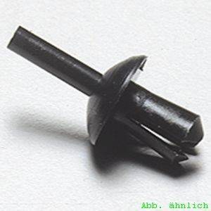 Ein schwarzer, pfeilförmiger Kunststoff-Befestigungselement, der für automotive oder maschinelle Zwecke verwendet wird und einen Schaft mit einer sicher verriegelnden Basis besitzt.
