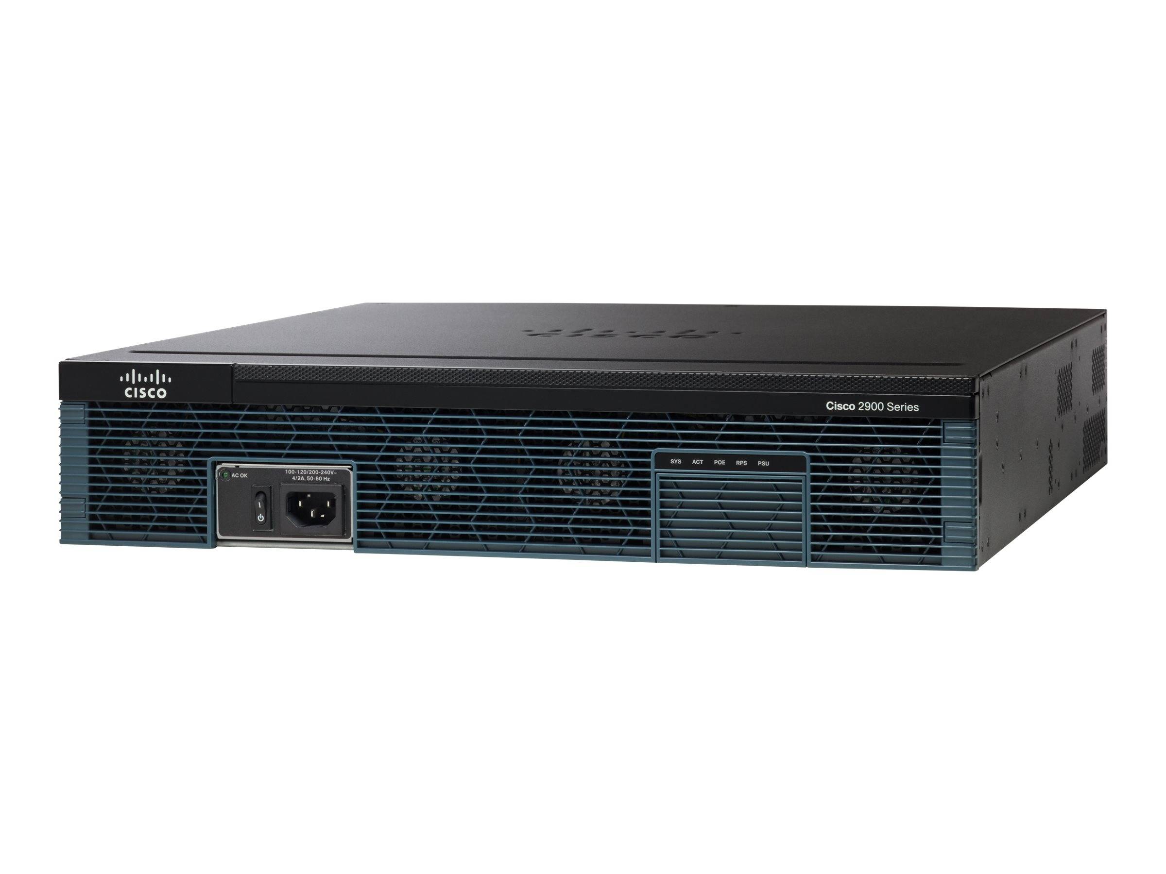 Cisco 2900 Serie Rack-montierbarer Netzwerk-Switch/Ethernet-Gerät auf weißem Hintergrund, Vorderansicht mit Belüftungsgitter und Stromeingang.