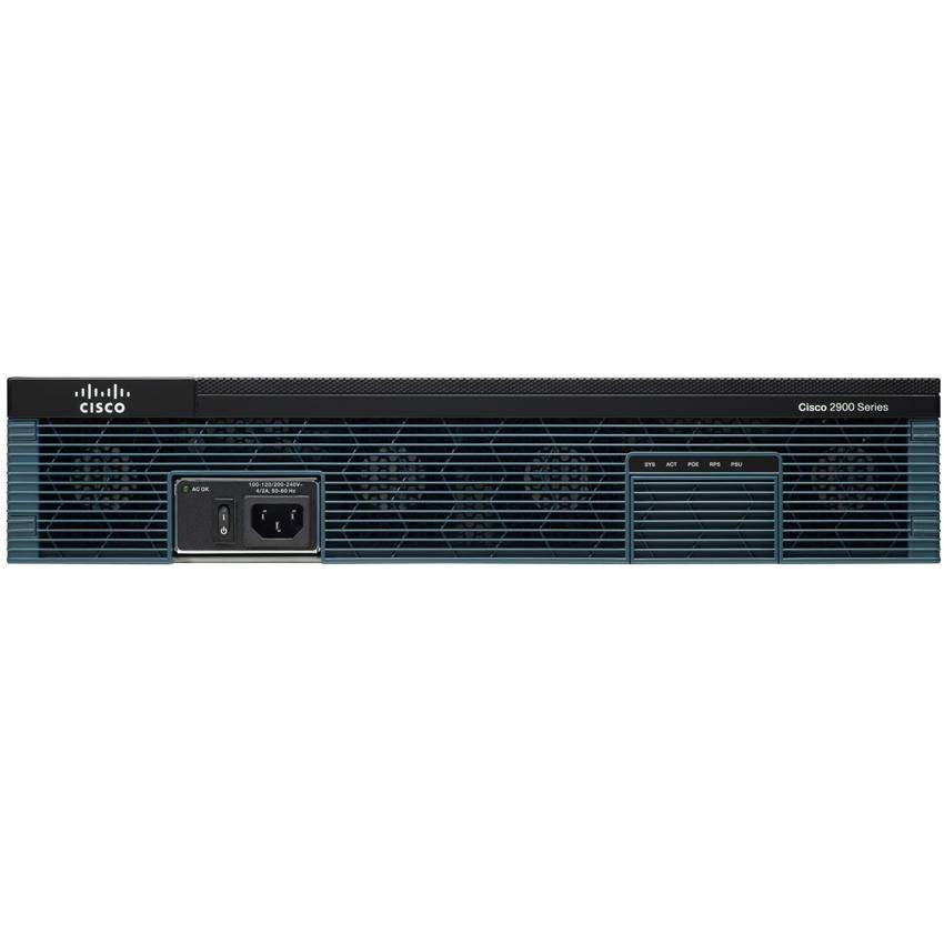 Vorderansicht eines Cisco 2900er-Serien-Netzwerk-Switch-/Router-Chassis mit Belüftungsöffnungen, Stromeingang und Statusleuchten auf einer schwarzen Rack-Mount-Frontplatte.