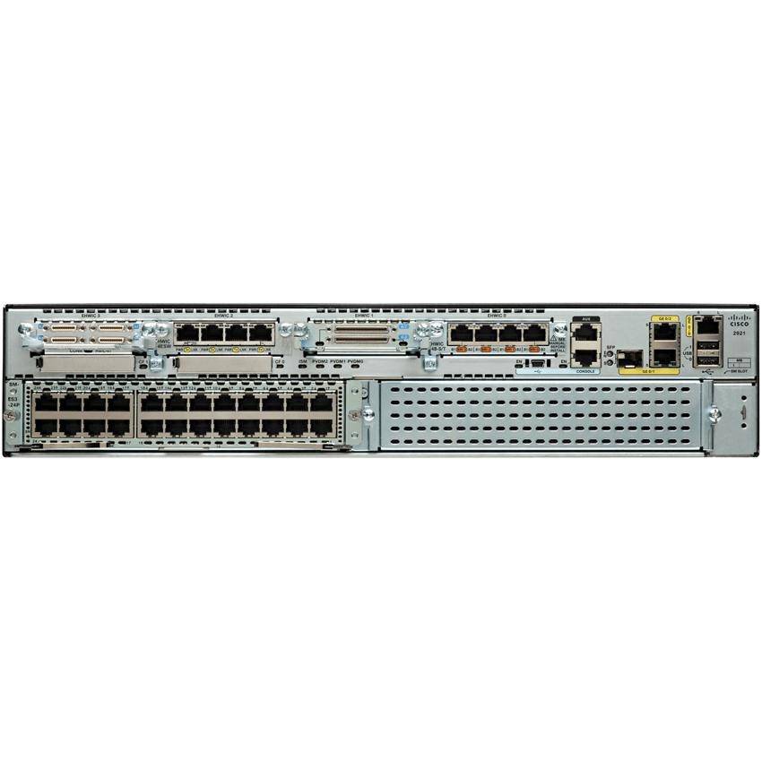 Rückansicht eines Cisco-Netzwerk-Switches/Routers mit mehreren Ethernet- und Uplink-Ports, Modulsteckplätzen und Stromverbindungen.