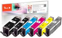 Satz von sechs farbigen Druckerpatronenpatronen mit Verpackung, gezeigt in Schwarz, Cyan, Magenta, Gelb und Grau.