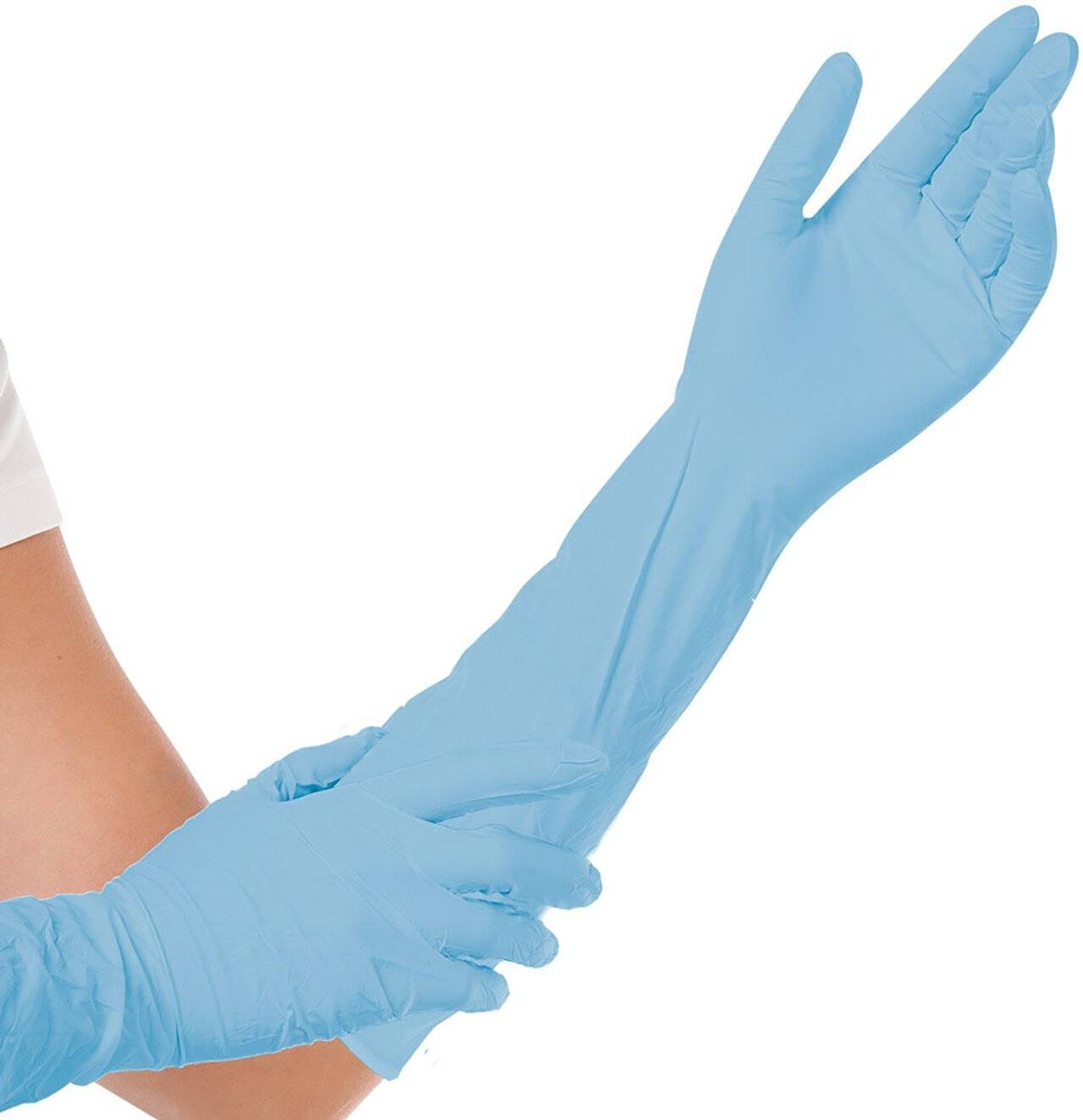 Person, die einen hellblauen Einweghandschuh an einer Hand anzieht, während sie den Handschuh mit der anderen Hand gegen einen einfachen weißen Hintergrund offen hält.