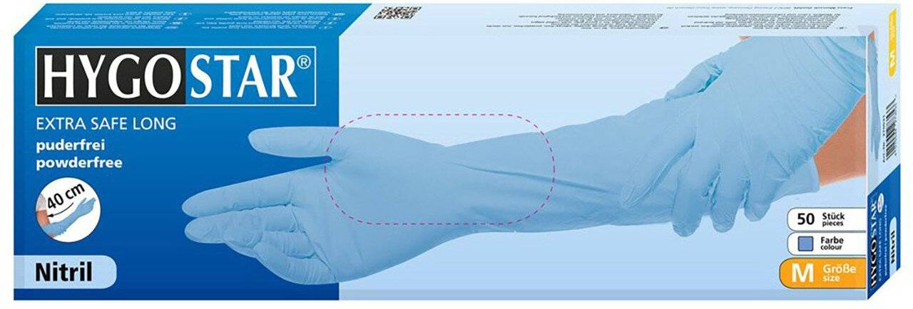 Karton mit HYGOSTAR Nitril-Einweghandschuhen, extra sicher lang, puderfrei, blau, Größe M, 50 Paar, gezeigt mit Illustration von verlängerten Handschuhen und Abzeichen mit 40 cm Länge