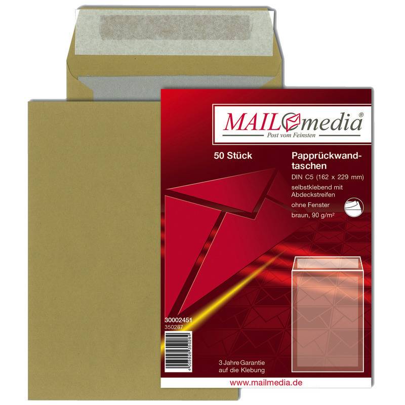 Versandtaschen Papprückwand DIN C5, 126 x 229 mm, haftklebend, braun, 90 g/m², P