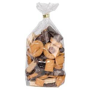 Eine durchsichtige Plastiktüte mit einem goldenen Band gebunden, gefüllt mit assortiertem Keksen und Bisquits.