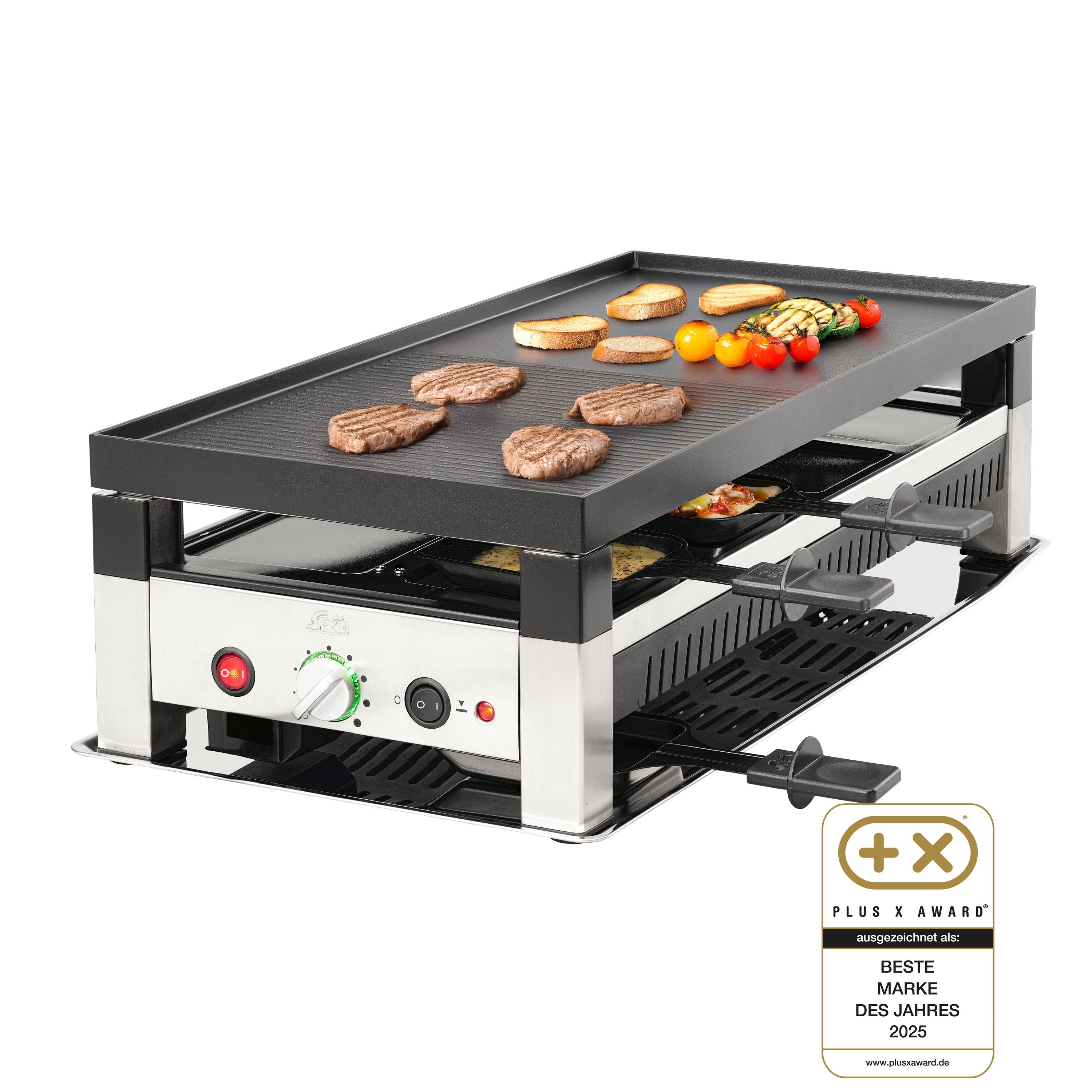 Solis 5 in 1 Raclette Tischgrill, 1400 W, 8 Personen, Mini Pizza Mini Wok Crepes