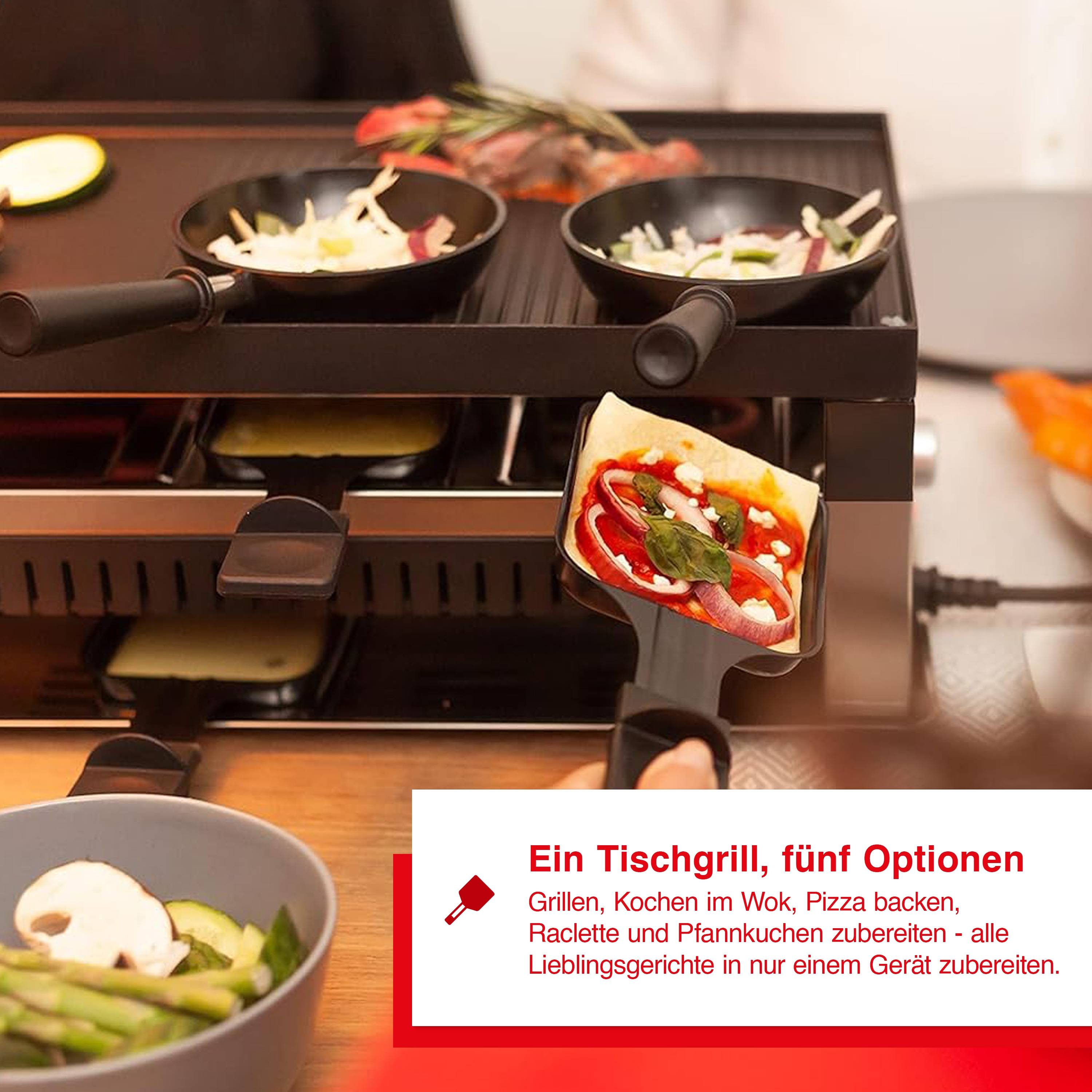 Solis 5 in 1 Raclette Tischgrill, 1400 W, 8 Personen, Mini Pizza Mini Wok Crepes