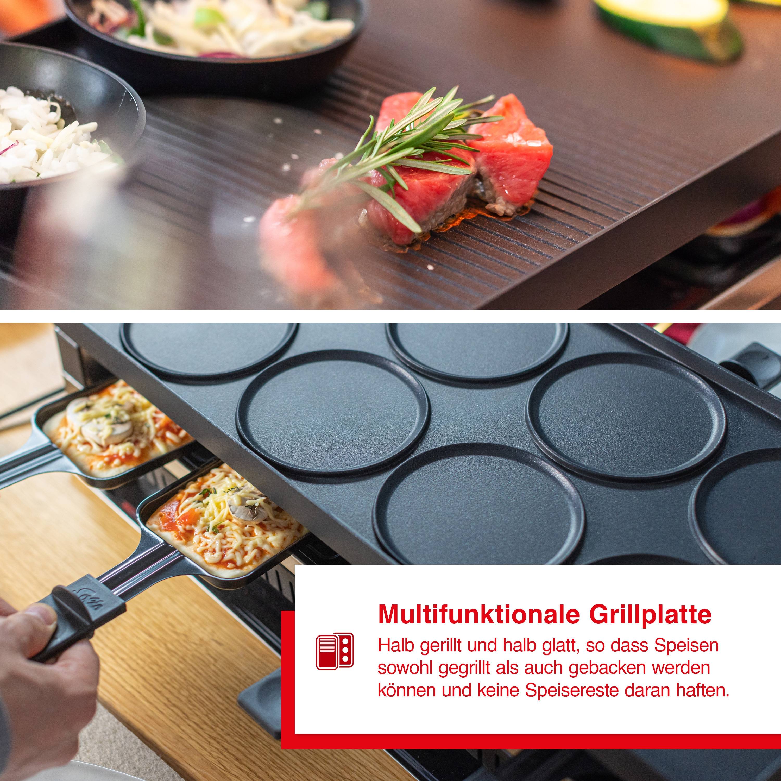 Solis 5 in 1 Raclette Tischgrill, 1400 W, 8 Personen, Mini Pizza Mini Wok Crepes