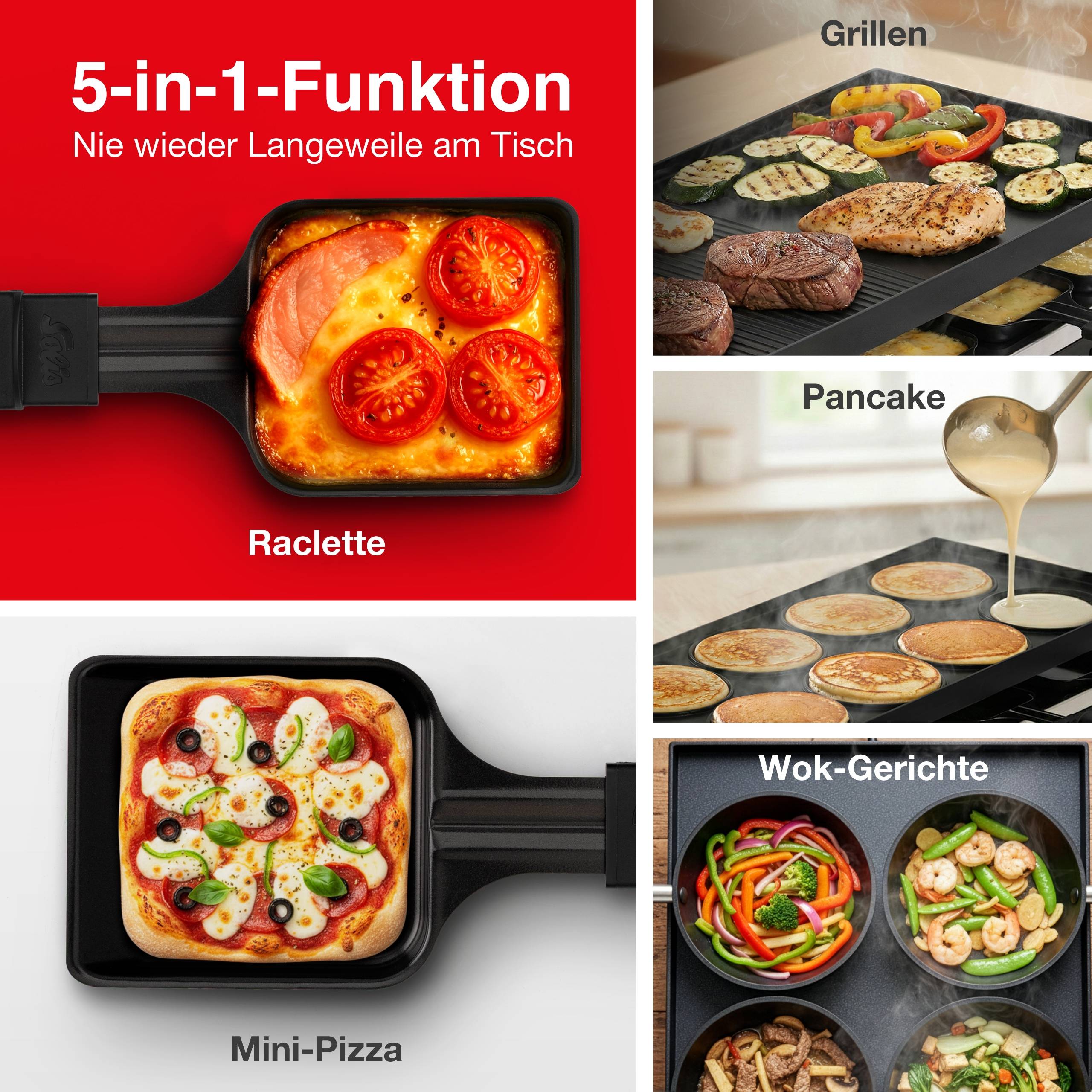 Collage zeigt einen 5-in-1-Multifunktionsgrill für Raclette, Mini-Pizza, Grillen, Pfannkuchen und Wok-Gerichte.