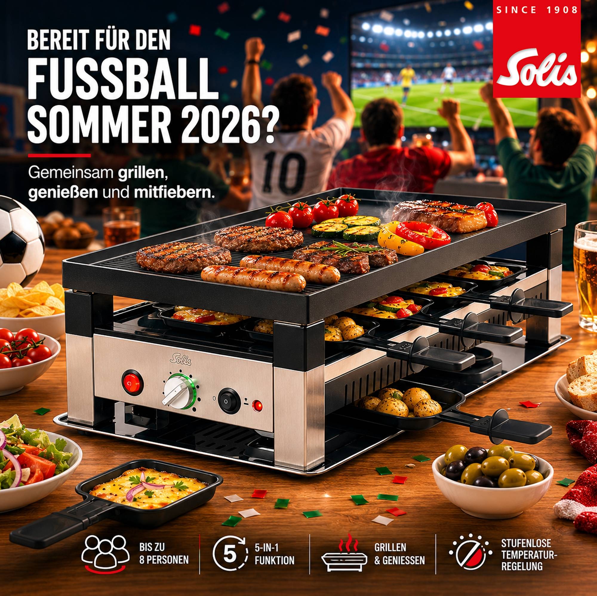 Solis 5 in 1 Raclette Tischgrill, 1400 W, 8 Personen, Mini Pizza Mini Wok Crepes